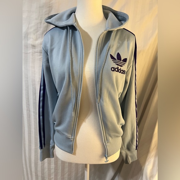adidas Jackets & Blazers - Light Blue & Purple Velvet 3-Stripes Zip Up Jacket w/ Hoodie